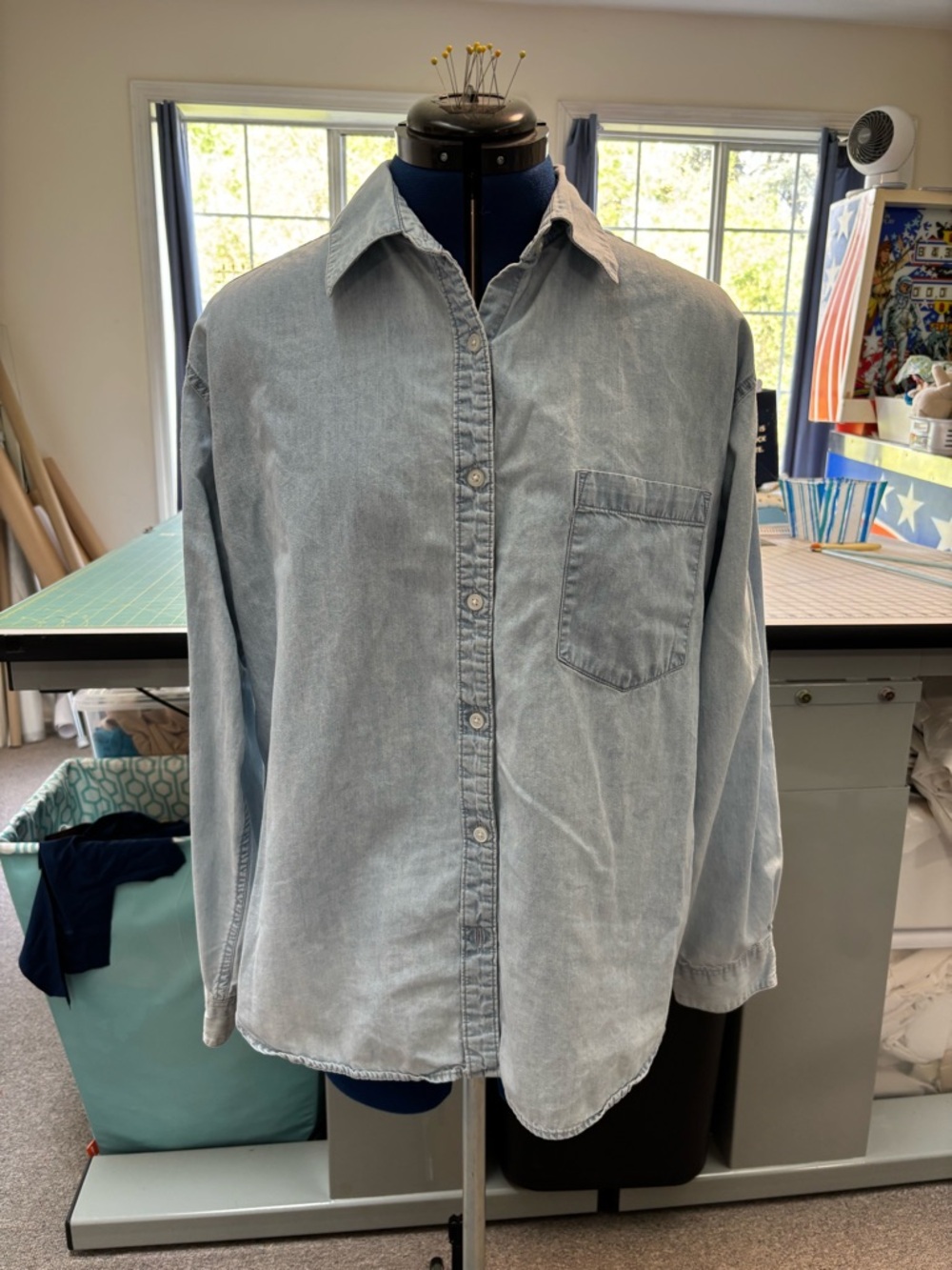 Eddie Bauer women’s light wash denim shirt, size XL